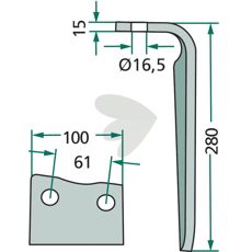 Rotorharvtand Krone m.fl. 100X280mm hl 16,5mm