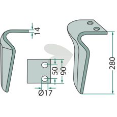 Rotorharvtand Maschio m.fl. 90X280 mm hl 17mm