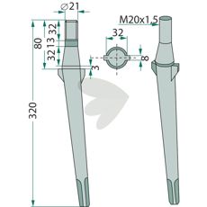 Rotorharvtand Remac m.fl. 21X320mm gnga M20X1,5