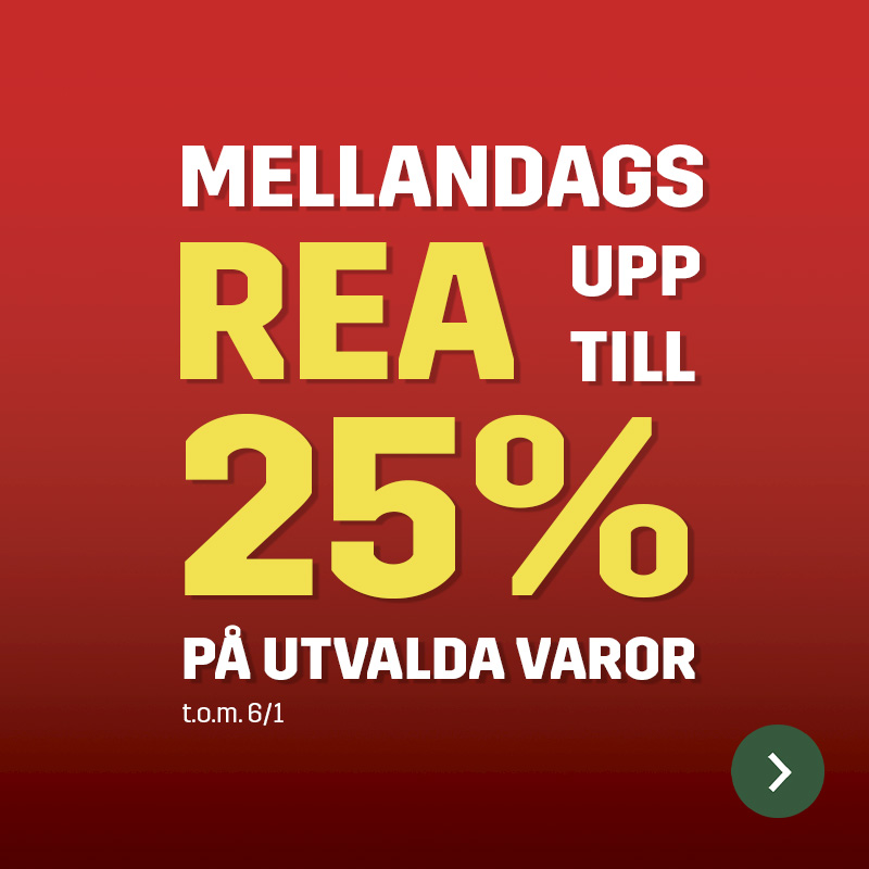 Grafisk kampanjbild med röd bakgrund och tydlig text om mellandagsrea upp till 25 procent på utvalda varor, giltig till 6/1. Bilden används för att visa Sagros aktuella erbjudande på sagro.se.